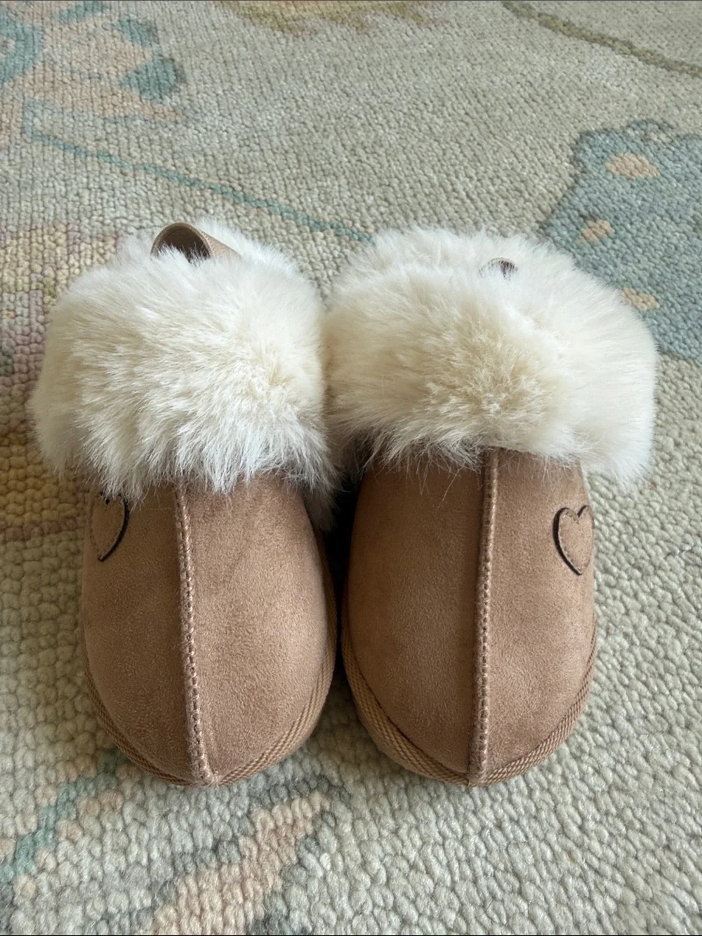 Tahari Tan Faux Suede Kids Slippers with Cream Fur Cuff